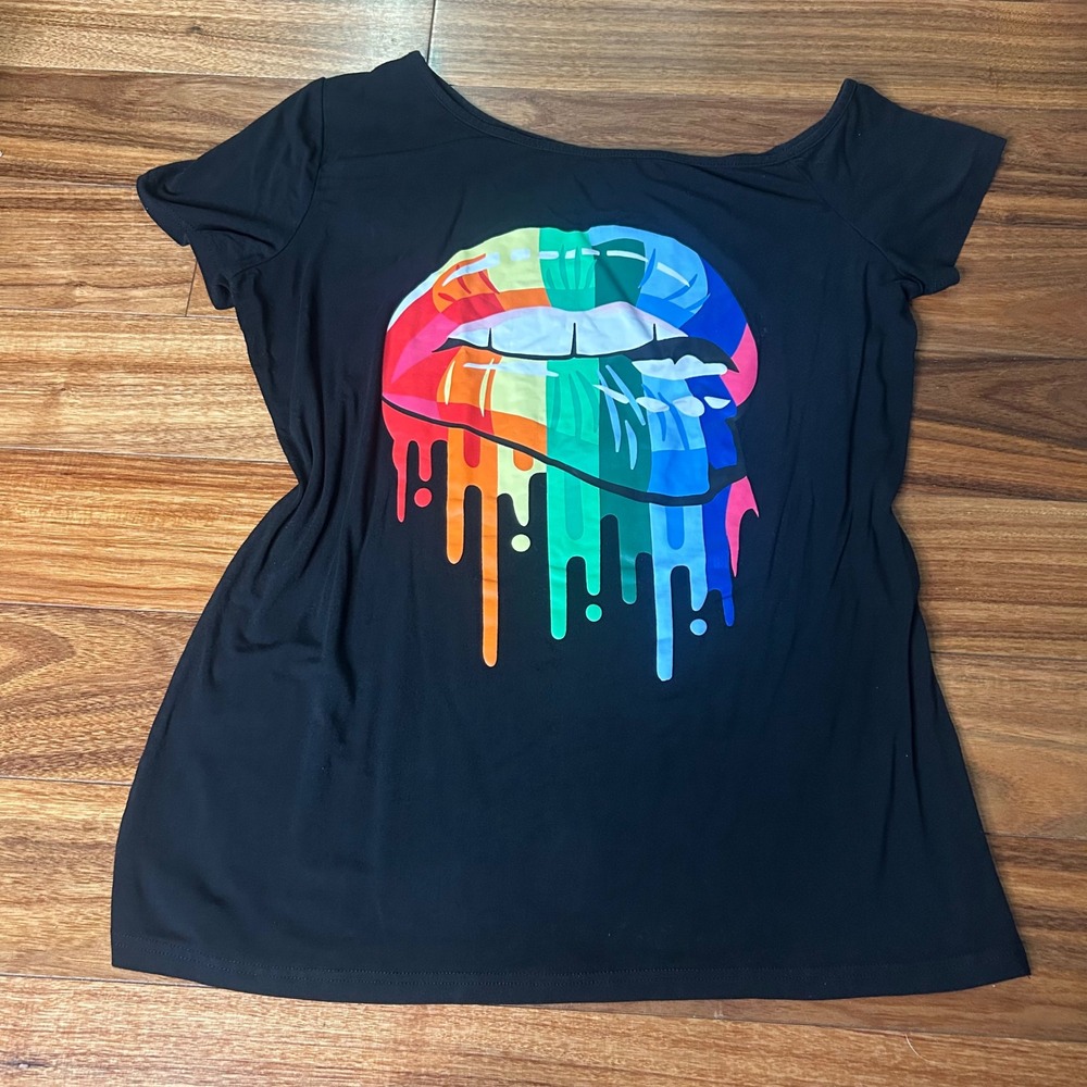 MAGICCMK Rainbow Lips Graphic T-Shirt Off Shoulder Casual Top Size M